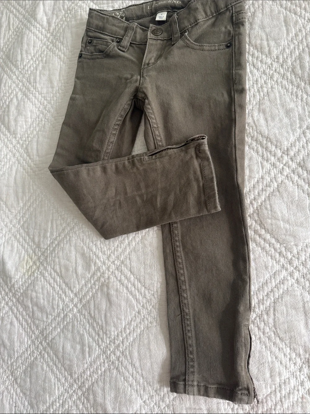 Lands end olive green skinny pencil leg jeans for toddler girls zipper sides 4
